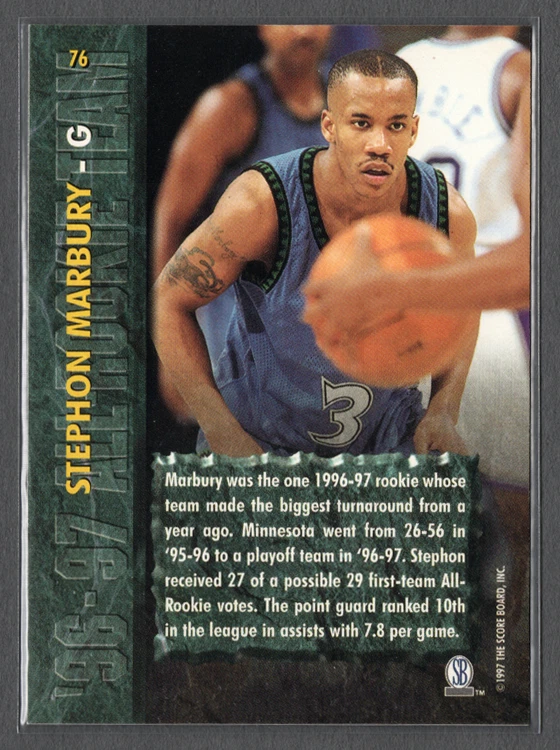 1997 Score Board Rookies - 96-97 All-Rookie Team #76 Stephon Marbury - Wolves - Image 2 of 2