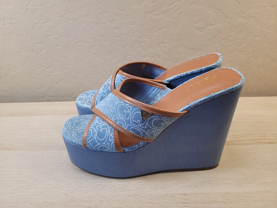 Guess Womens Blue Peep Toe G Print Wedge Heels Size 10 M EUC - Image 2 of 4