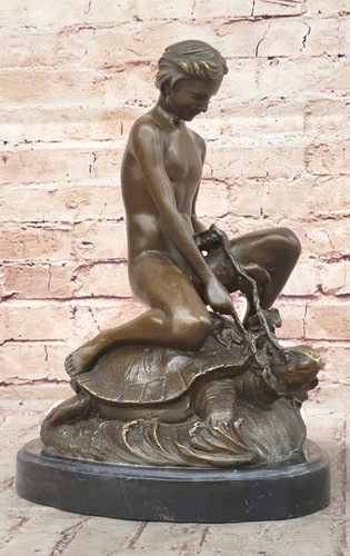 Bronze Boy on Sea Turtle Nautical Collectible Sculpture Marble Base Figurine NR - Picture 5 of 10