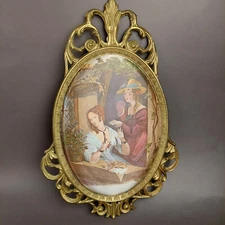 Vintage Gold Brass Oval Frame Victorian Style Decor Screen Print Italy