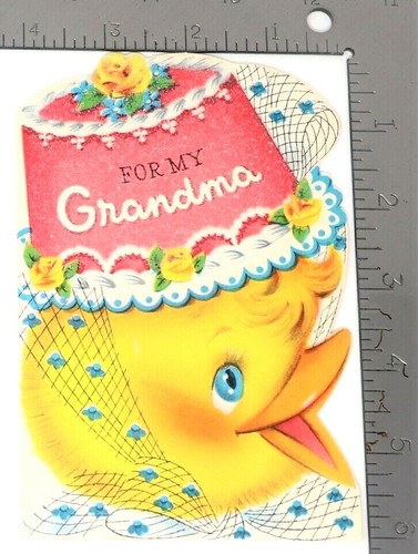 Vintage Norcross Happy Birthday Card Yellow Chic Pink Glitter Hat Netting Flower - Picture 2 of 4