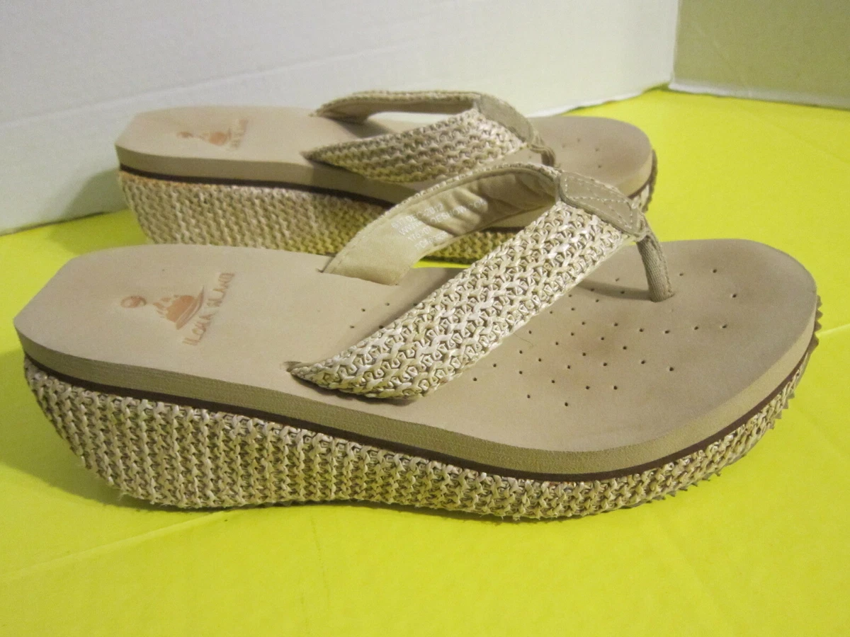 Aloha Island Women s Beige Woven Raffia Thong Platform Wedge