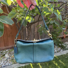 Coach Teal Pebbled Zip Wristlet w/ Logo Accen...