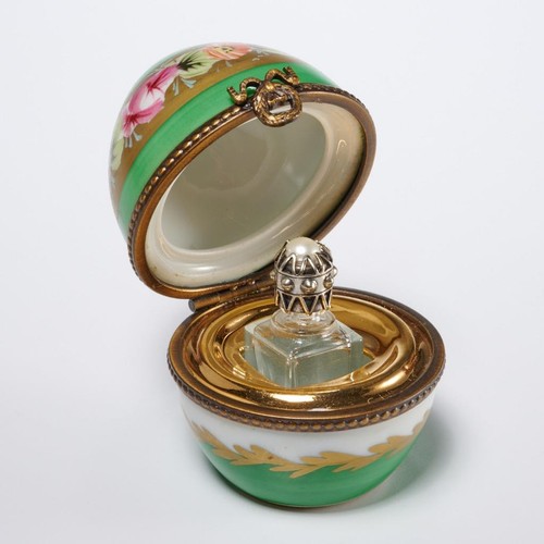 Limoges France Hand Painted Porcelain Egg Trinket Box w/Mini Perfume Bottle