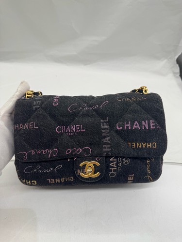 AUTH Chanel Black Denim Print Quilted Flap Bag Gold Tone Hardware Crossbody Bag