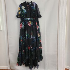 Mac Duggal 14 Black Floral Ruffled High Neck Flutter Sleeve Wedding Guest Gown