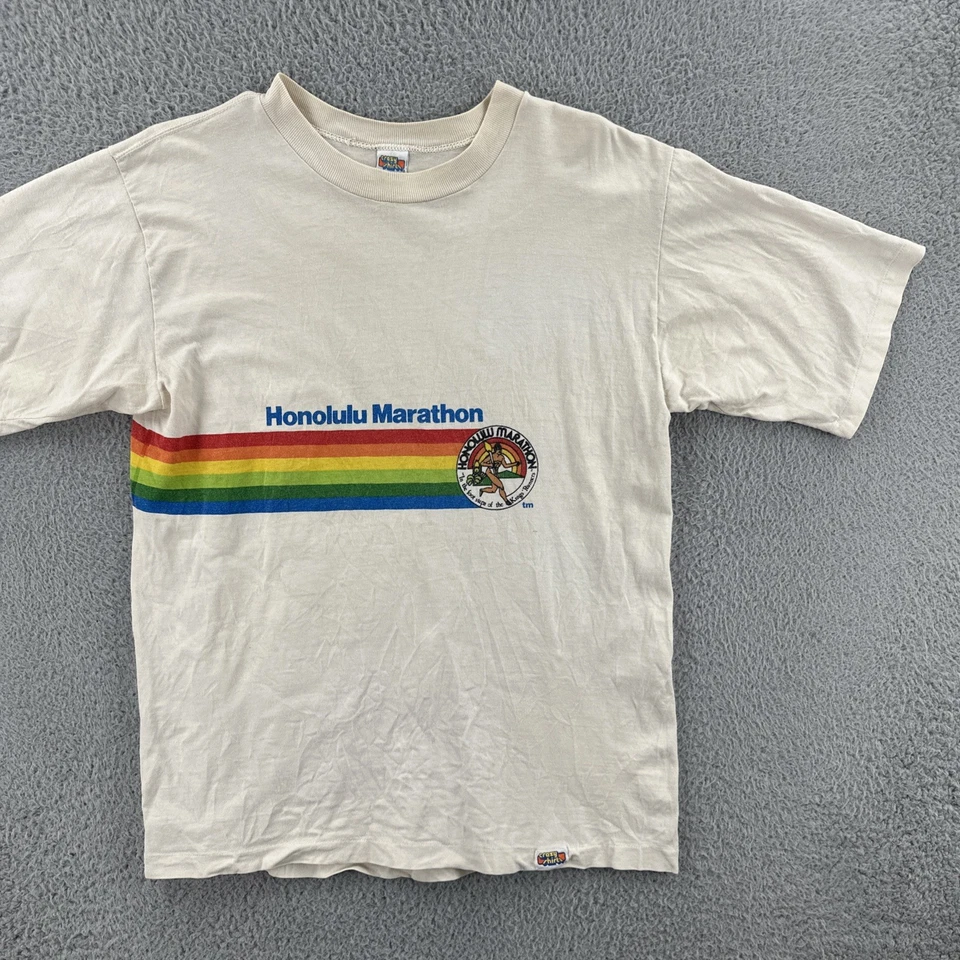 Camisa masculina ponto único vintage louca feita nos EUA grande maratona de Honolulu - Imagem 2 de 4