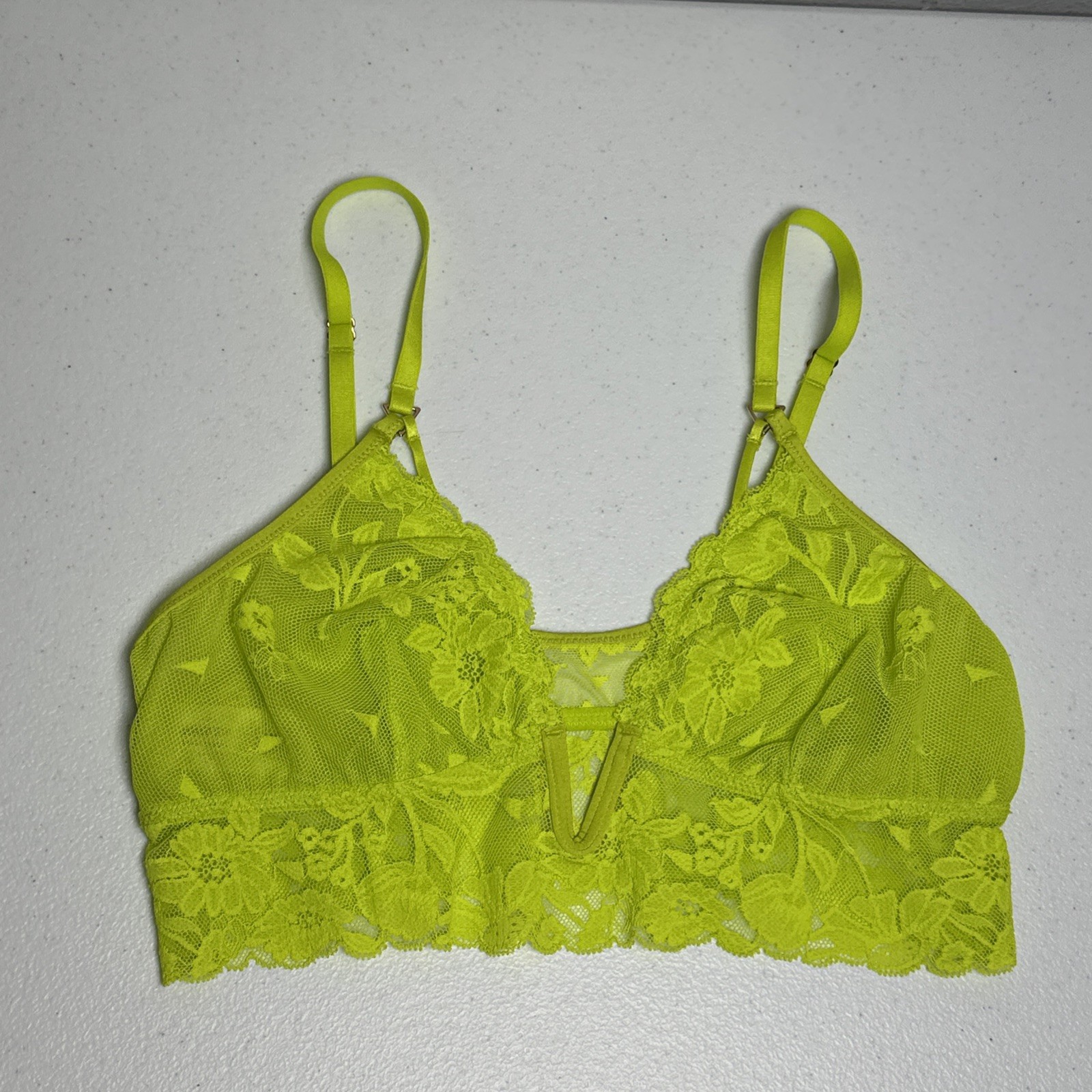 Aerie Bralette Bra Small Unlined Plunge Crop Bright Green Floral Lace Mesh-image