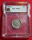 1938-D Buffalo Nickel 5C Denver - ICG VF20 - Very Fine Buffalo Nickel