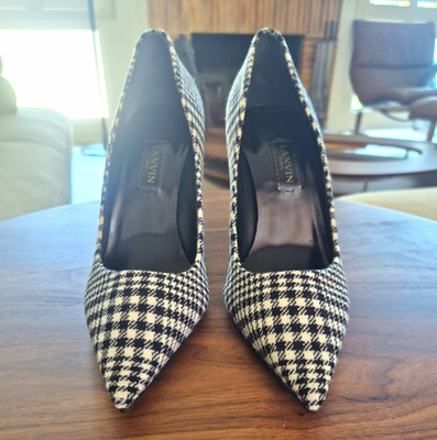 Lanvin Black White Houndstooth Plaid Pointed Toe Wool Stiletto Pumps