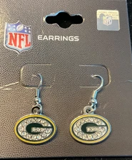 Green Bay Packers Logo Rhinestone  J Hook Dangle Earrings
