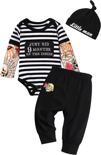 Baby Boy Clothes Tattoo Sleeve Funny Romper Bodysuit+Pants 3PCS Infant Outfits S