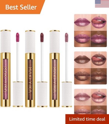 3Pc Metallic Lips Set: Long-Lasting Pink, Brown, Nude Lipsticks - No Transfer
