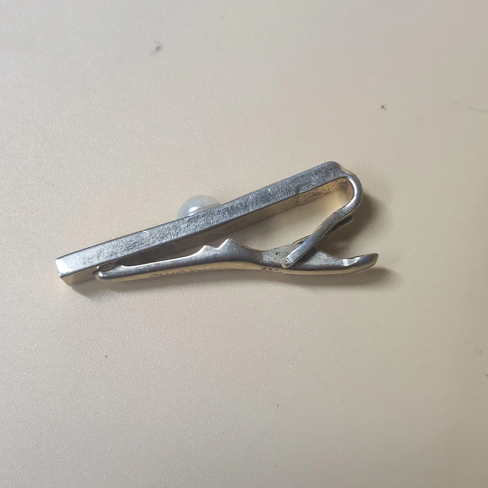 Clip de barra de corbata vintage tono plata para hombre 1,5 pulgadas a rayas ópalo blanco cabujón clásico Foto 3 de 4