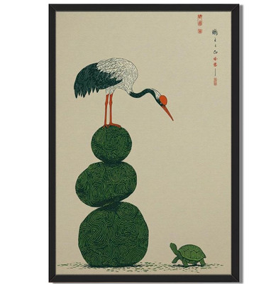 East Asian Crane and Turtle Red Crowned on Green Spheres Calligraphy Beige