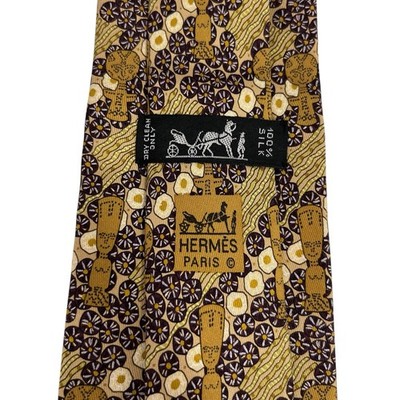Hermes Mens Tie African Wood Carving Statue Gold/Brown Silk 7639 TA 3 5/8'' 56.5''