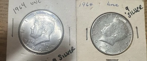 Lot of 2 1964 Kennedy Half Dollar Coins 90% Silver - Uncirculated 1 Proof Like