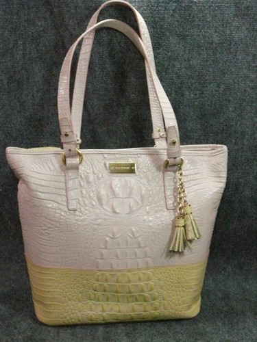 Brahmin Leather Dandelion Cream Yellow Pink Tote Handbag Dust Bag EUC - Picture 2 of 20