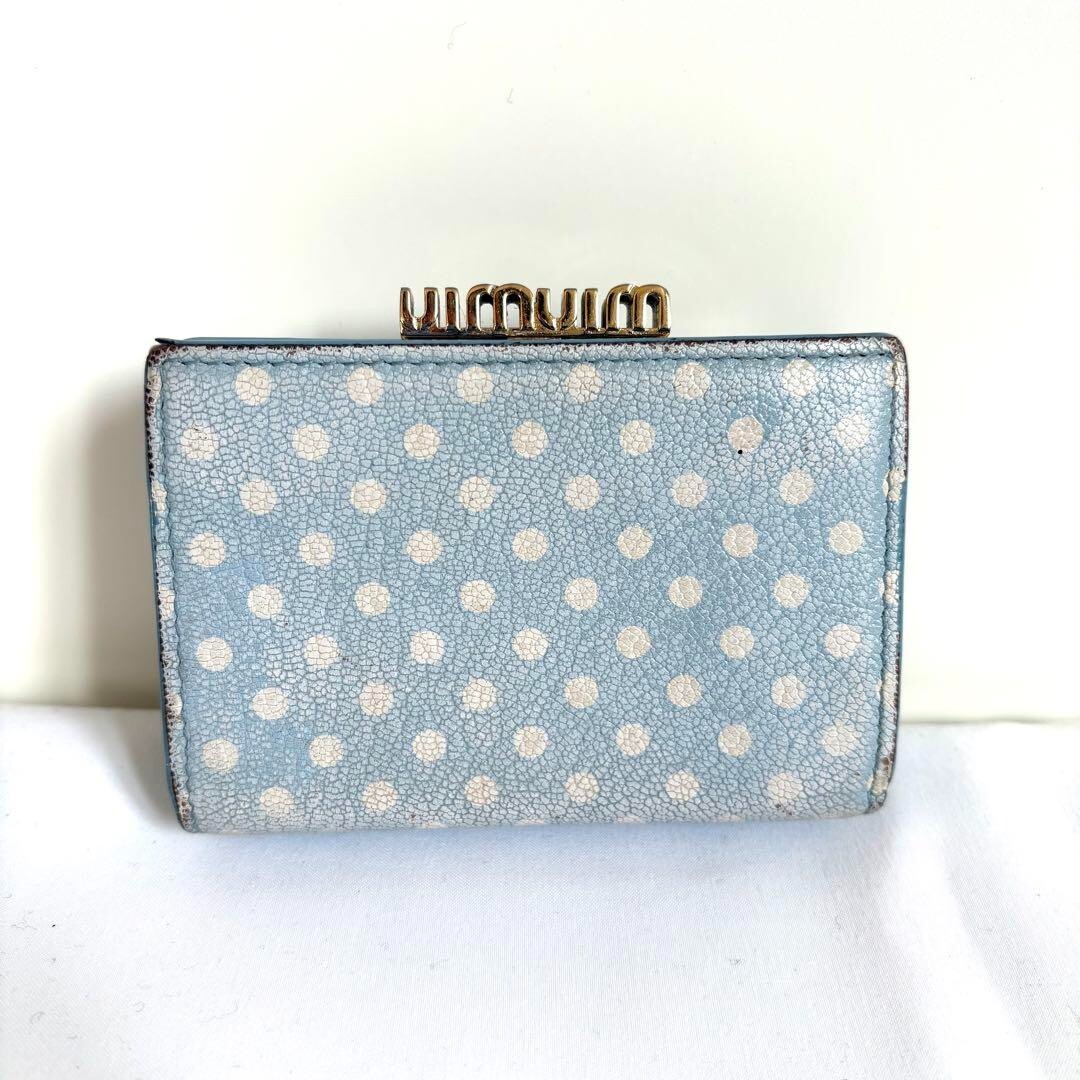 Miu Miu Leather Trifold Wallet Compact Polka Dot Light Blue