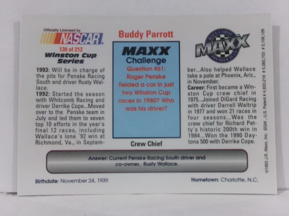 1993 Maxx Premier Plus Buddy Parrott #139 - Image 2 of 2