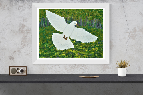 Painting White Dove Original Signed Collectible Art Bird Doves Landscape Trees - Picture 2 of 4