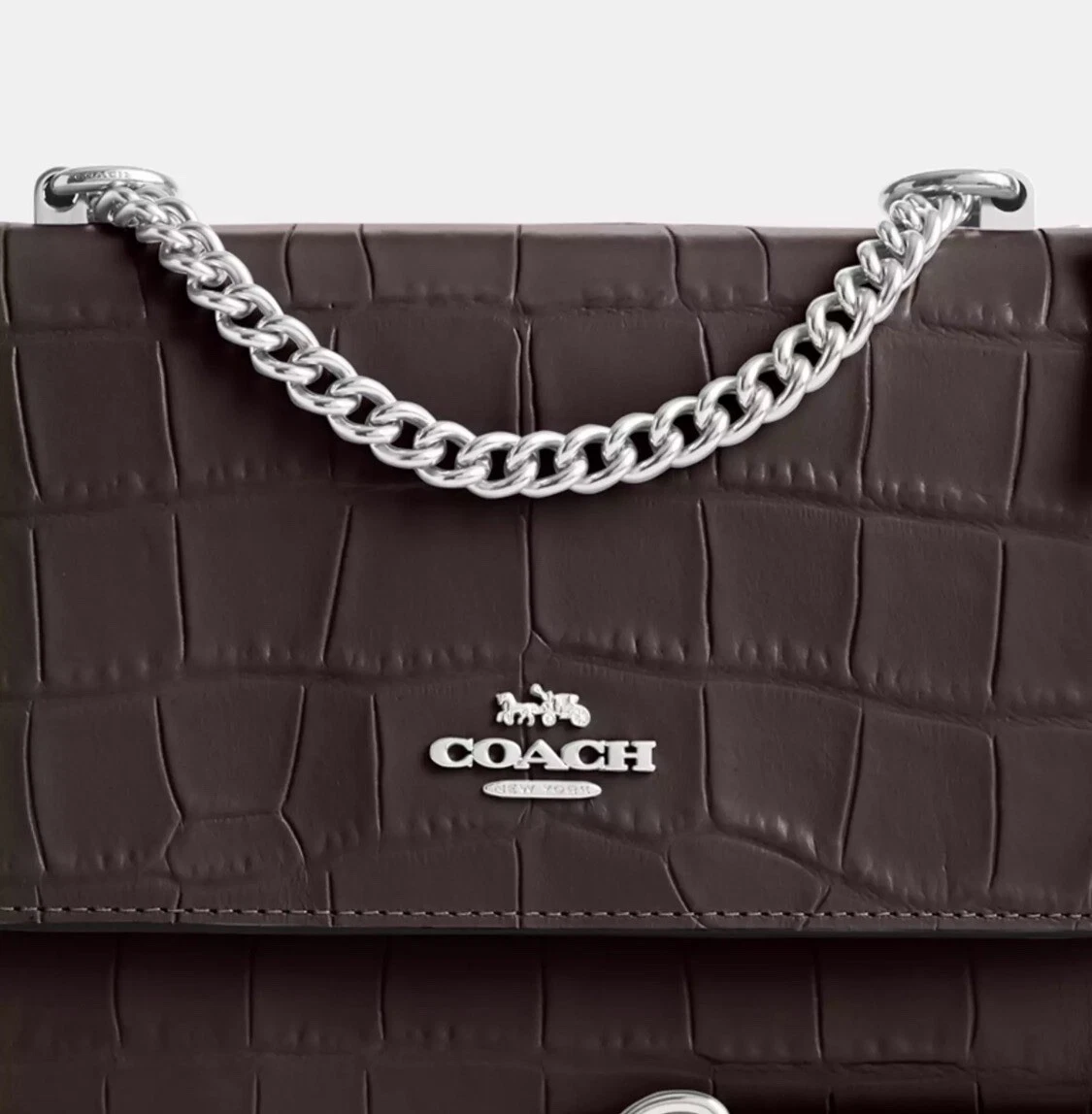 ?Tracolla Coach nuova con etichette catena in pelle trasparente in argento ametista prezzo di listino $450