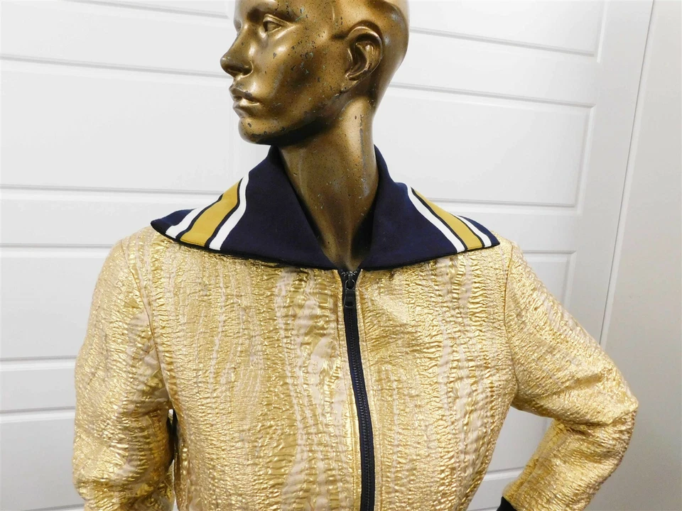 Chaqueta de béisbol BCBG MAXAZRIA $348rt dorada azul marino con cremallera XS Foto 2 de 4