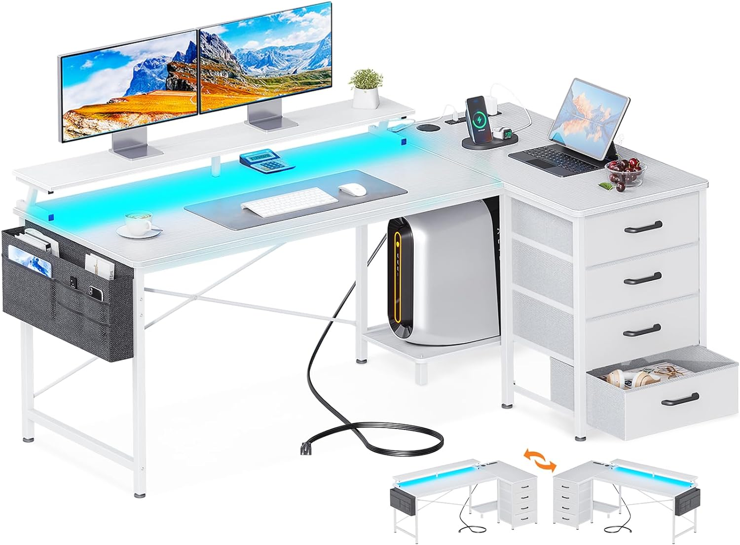 55-Inch Reversible L-Shaped Computer Desk with 4 Drawers, Gaming Desk with LED L