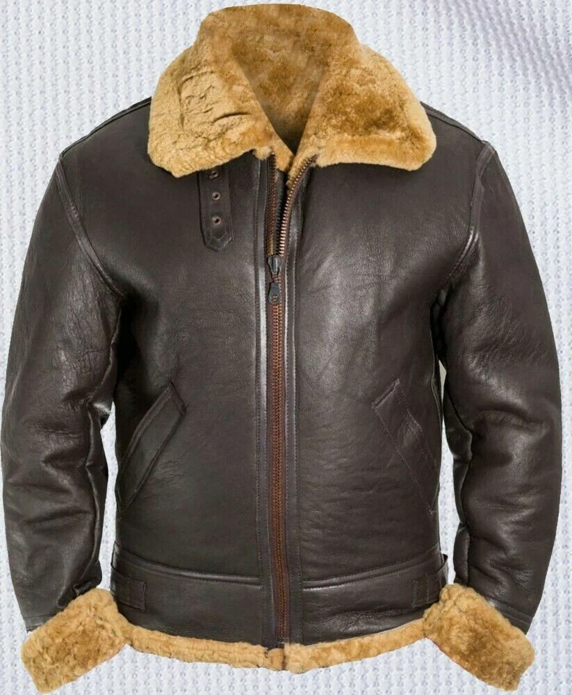 B-3 WW2 Mens US Navy RAF Aviator Flying Pilot Fur Shearling Real Leather Jacket