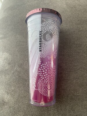 Starbucks Venti Tumbler Acrylic White Cherry Blossoms Pink Fade Plum Top 9.5/10 
