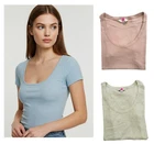 Ladies Marks Spen*** Ribbed Scoop Neck T-Shirt Top Cotton Rich Short Sleeve Blue