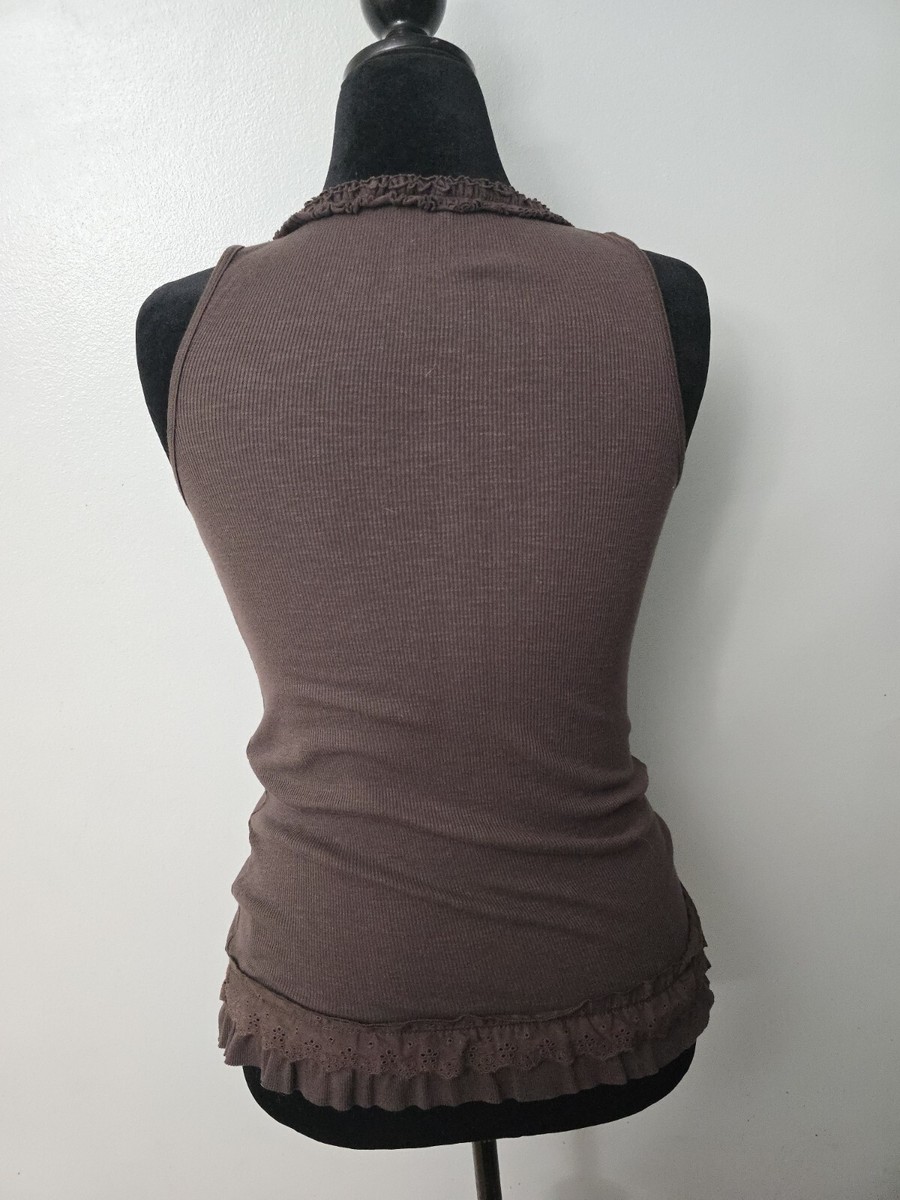 Y2K l.e.i. Brown Ruffle Trimmed Ribbed Layering Tank Top Y2K l.e.i. Brown Ruffle Trimmed Ribbed Layering Tank Top