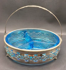 Cobolt Depression Glass Divided Relish Nut Candy Tidbit Dish Silver Tone Basket