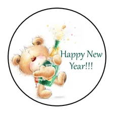 HAPPY NEW YEAR TEDDY BEAR ENVELOPE SEALS STICKERS LABELS TAGS 1.5" ROUND (30)