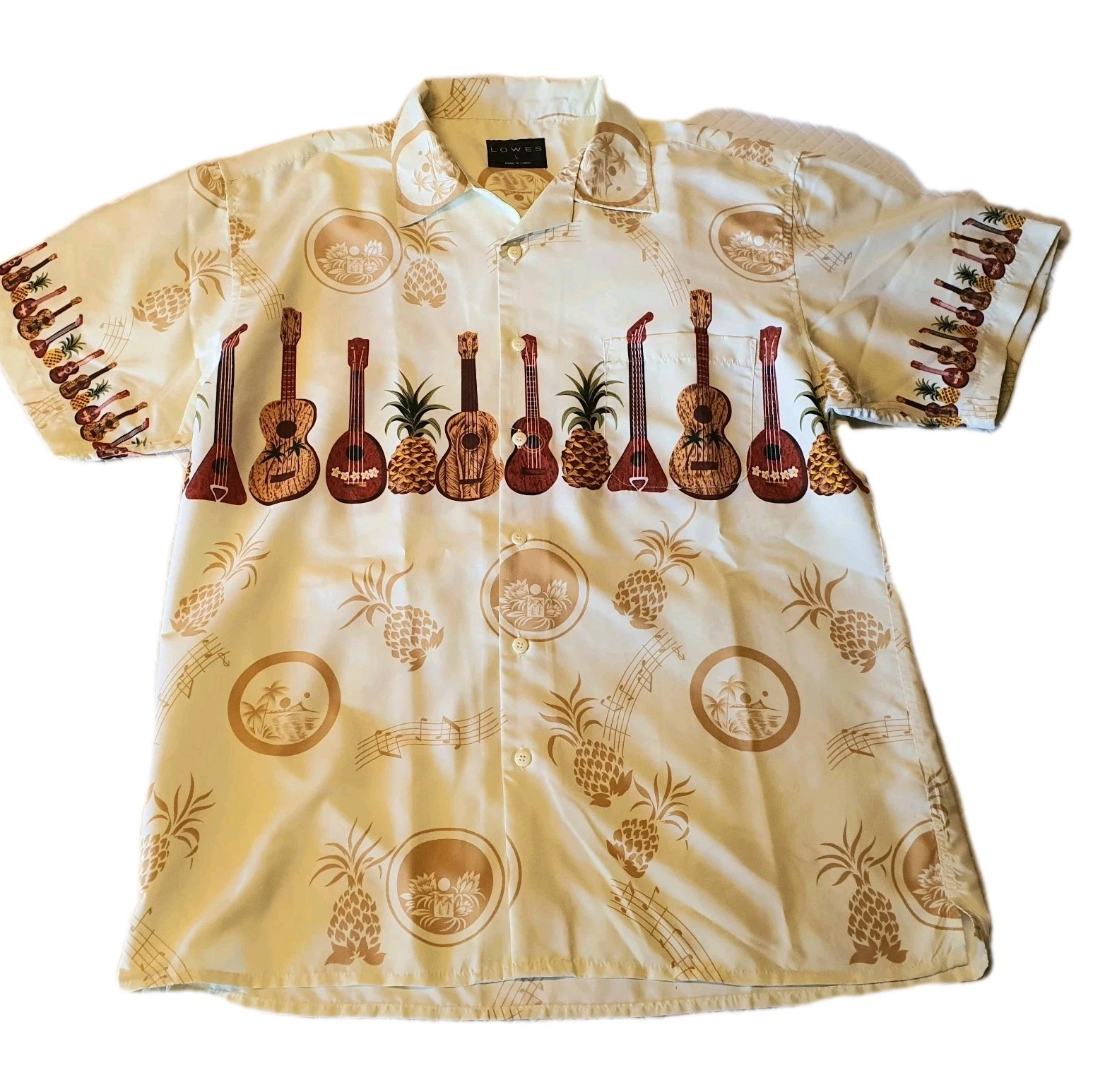 Lowes Mens Hawaiian Shirt L Cream Guitars, Pineapples Tropical Island Print Gift