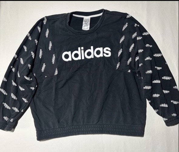 Adidas Cropped Sweatshirt Womens L Black All Over Logo Crewneck Pullover