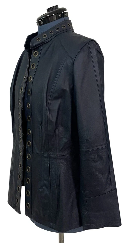 Vtg Hot in Hollywood Blue Leather Jacket Grommet Front Back Y2K Moto Grunge M - Image 3 of 4