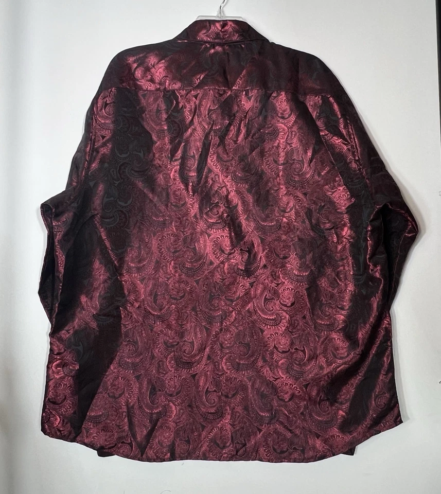 Barry Wang 纽扣正装衬衫男式 2X 红色和黑色佩斯利长袖 — 第 2/4 张图片