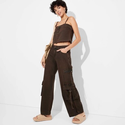 Women's Mid-Rise Wide Leg Cargo Baggy Pants - Wild Fable