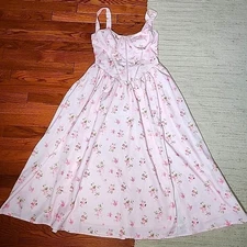 Pink Floral Corset Midi Dress M Slit Sundress Pockets Milkmaid Cottage Coquette