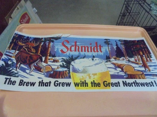 Vintage Schmidt Beer plastic skin sign Moose Les Kouba art