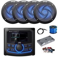 JVC Marine BT AM/FM/WB Radio, Amp w/Kit, 4X 5.25" 180W LED Speaker,Wire, Antenna