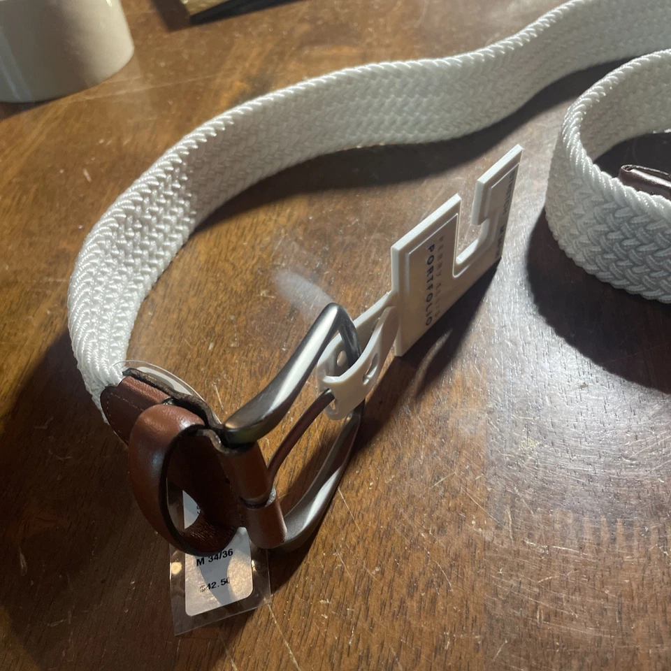 Cinturón elástico tejido Perry Ellis Portfolio para hombre beige caqui y marrón hebilla talla 34 Foto 3 de 4