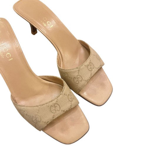 GUCCI Beige Canvas GG Monogram Kitten Heel Slide Sandals, Size 36 C - Picture 2 of 5