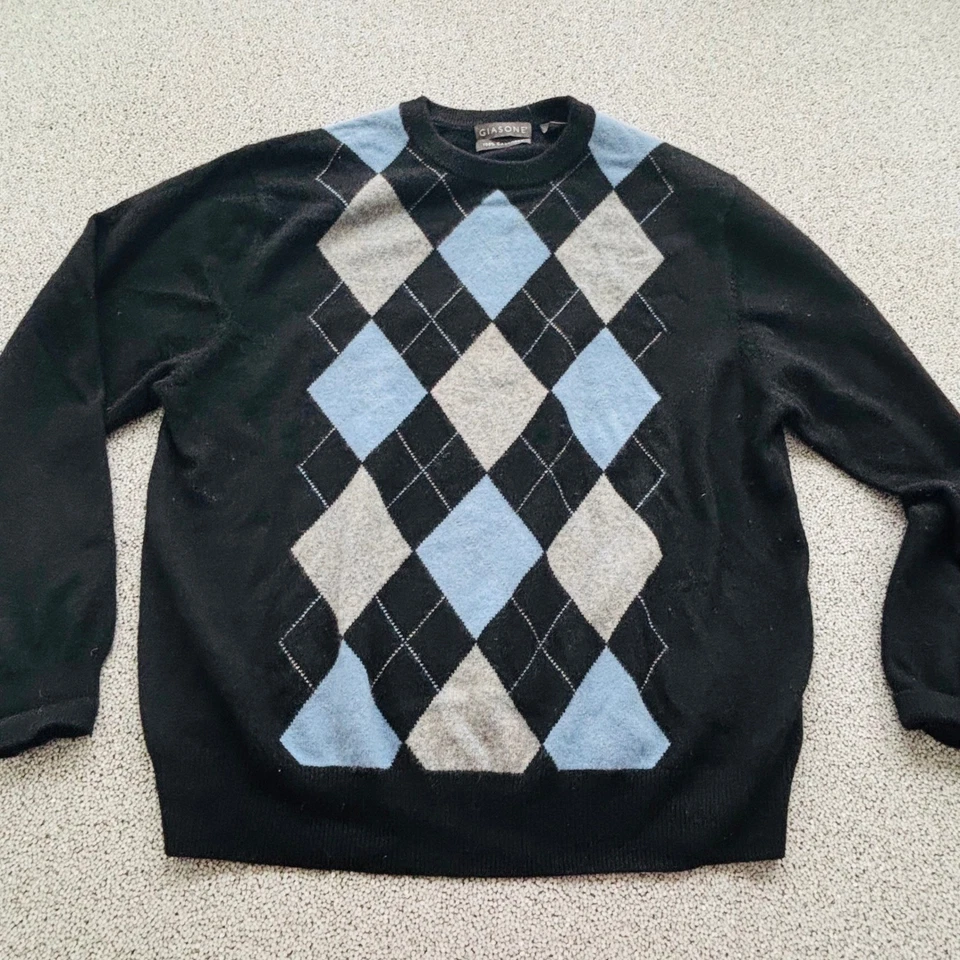 GIASONE Mens 100 Percent Cashmere Argyle Crewneck Sweater XL Black Blue Grey - Image 4 of 4