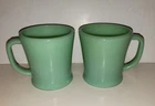 Vintage Fire King Jadite Green Glass Flat Bottom D Handle Coffee Cups, Set Of 2