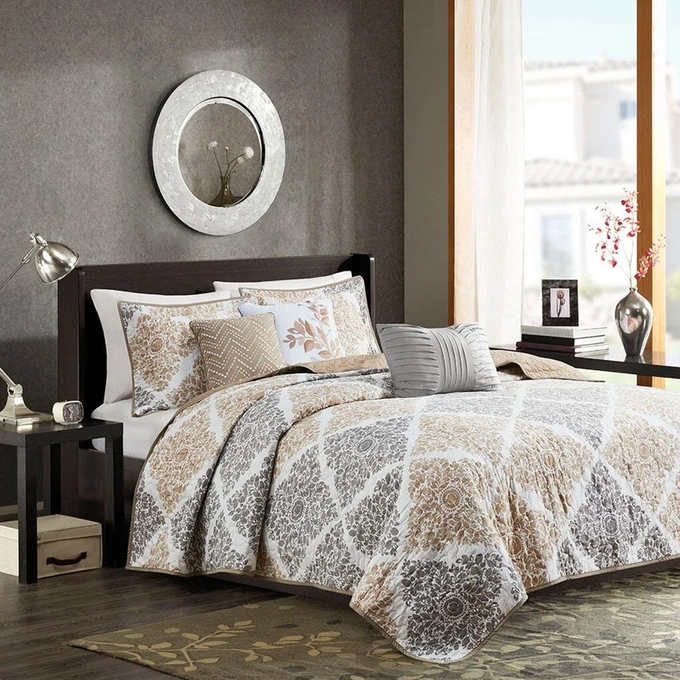CLAIRE BOHO 6pc Queen QUILT SET : BROWN MEDALLION FALL FLORAL TAUPE LEAF DIAMOND - Image 2 of 4
