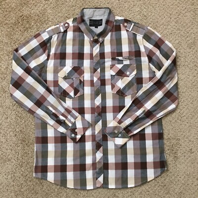 No Retreat Shirt Mens Large Brown Gray Plaid Long Sleeve Button Down 