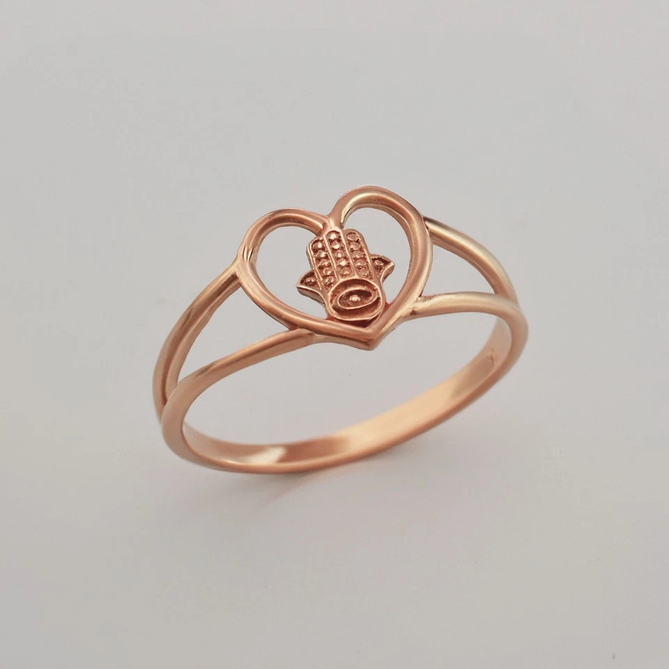 Dainty Gold Hamsa女式心形戒指,10K/14K,黄色、白色、玫瑰金 — 第 4/4 张图片