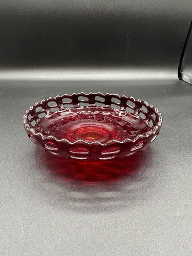 Vintage Fenton Ruby Red Basket Weave #1092 6.75"  Bon Bon Dish circa 1930 Glows
